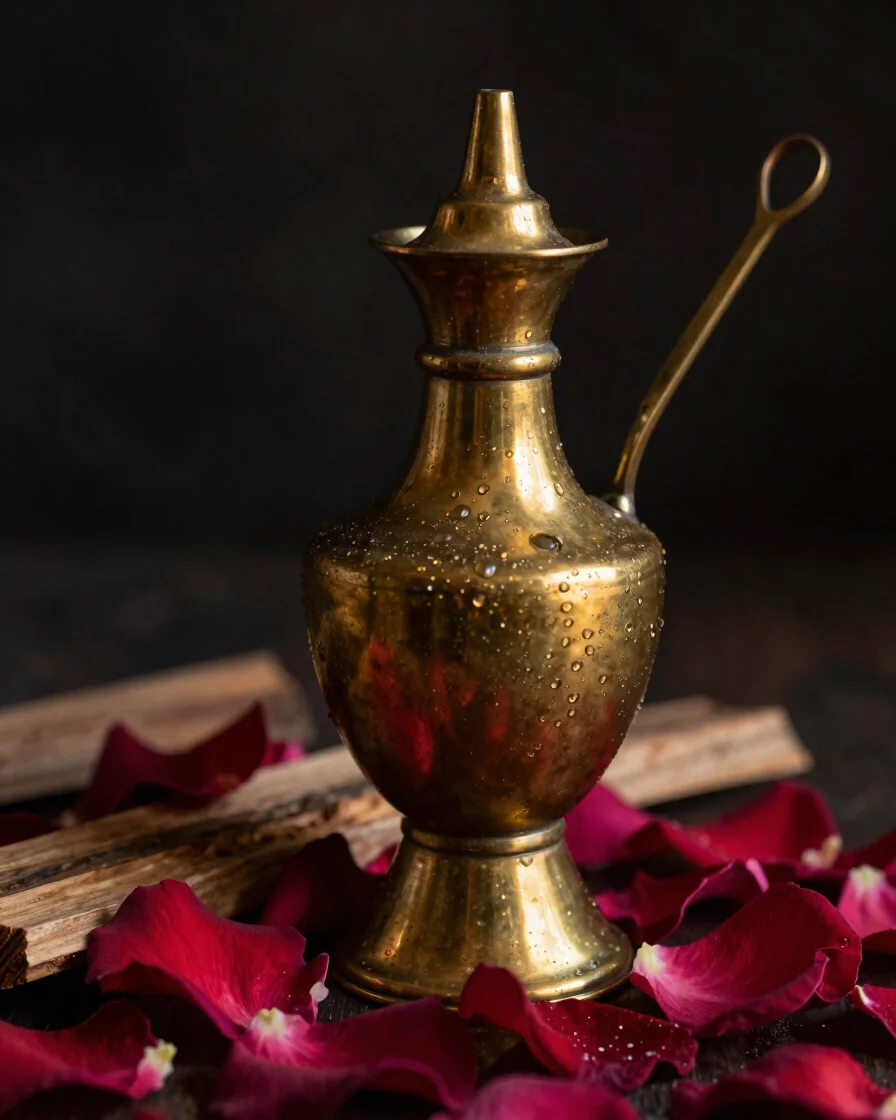 Macro close-up of a traditional brass still, gleaming with conden